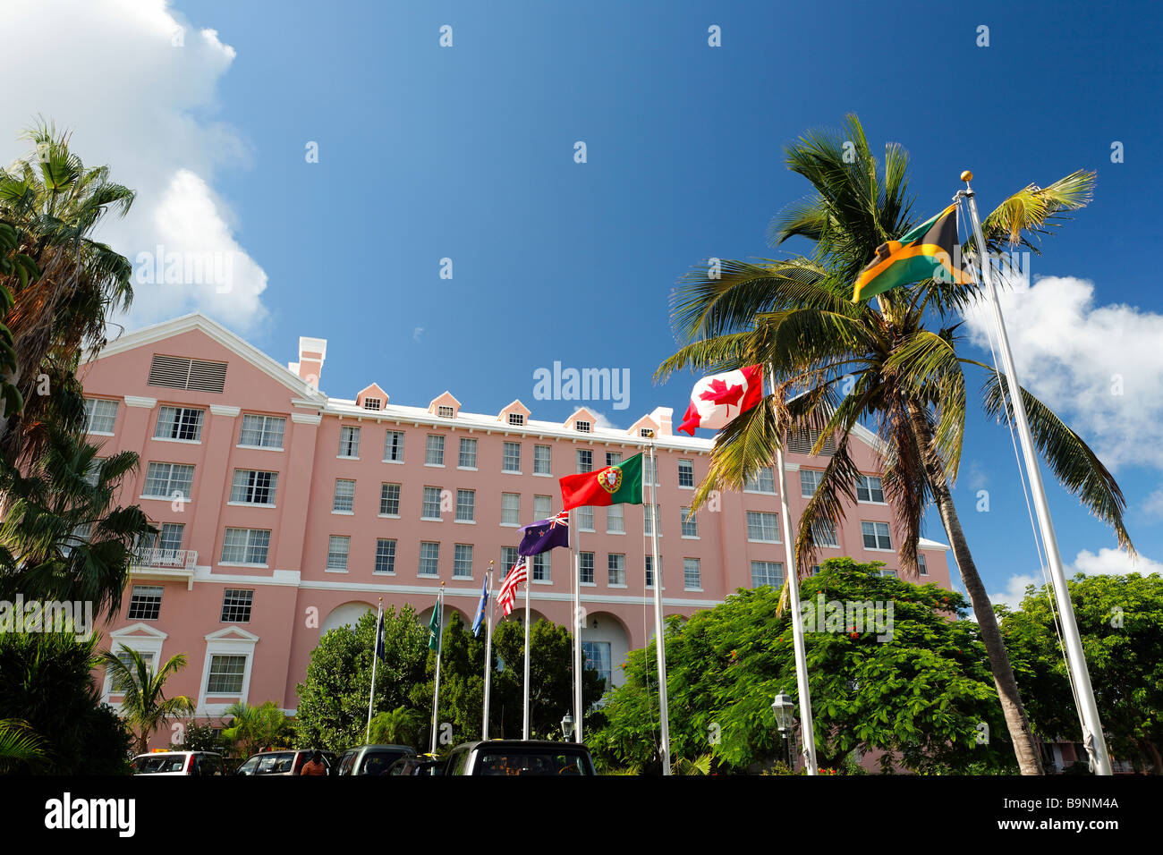 Low Angle View of a Hotel Front With Flags Hamilton Fairmont Princess Bermuda Stock Photo