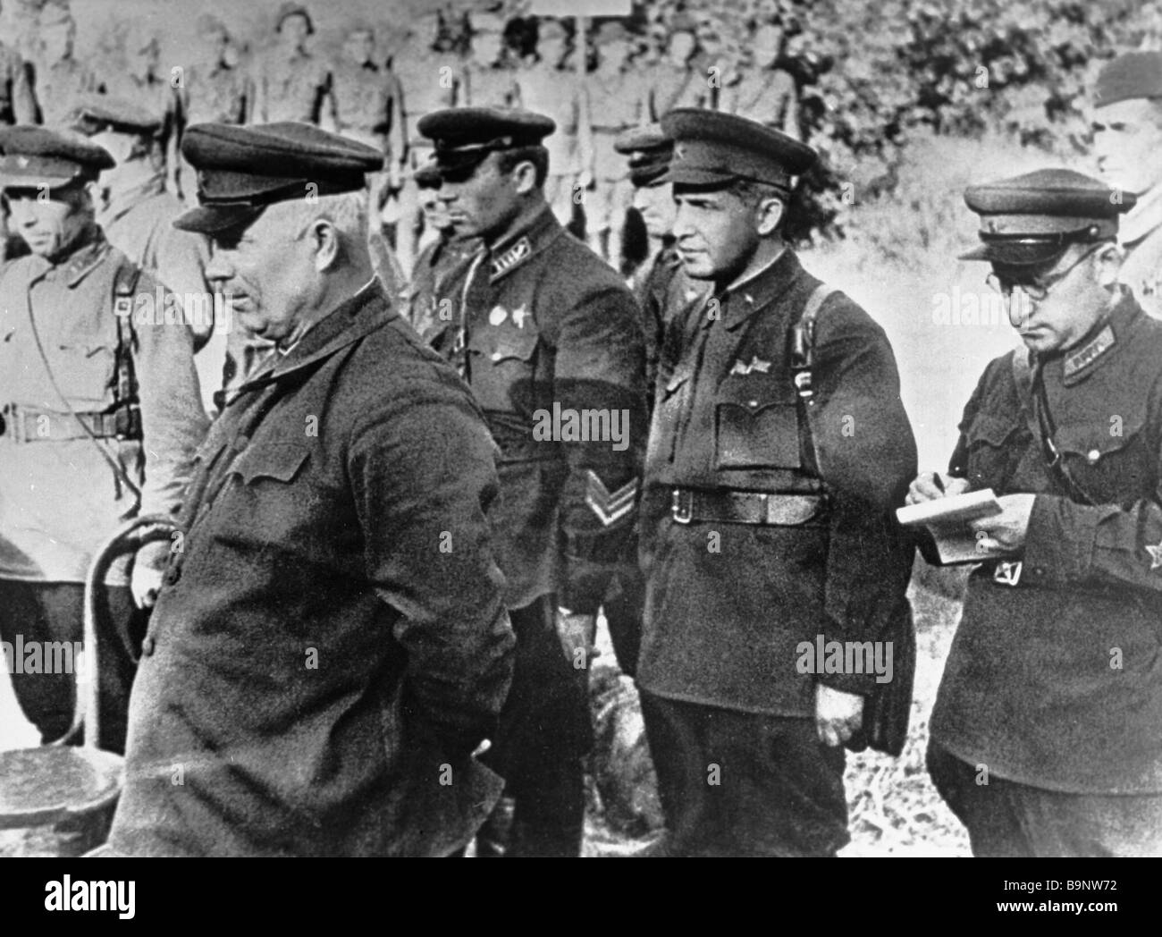 Member of the military council of the Stalingrad front Nikita Khrushchev meeting with tankmen of the 133rd tank brigade Stock Photo
