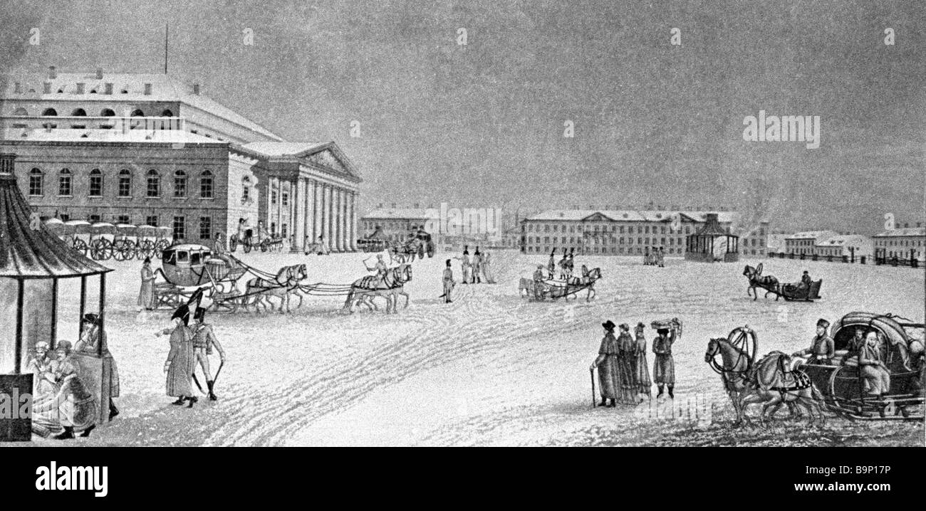 Engraving with the depiction of the Bolshoi Theater in St Petersburg