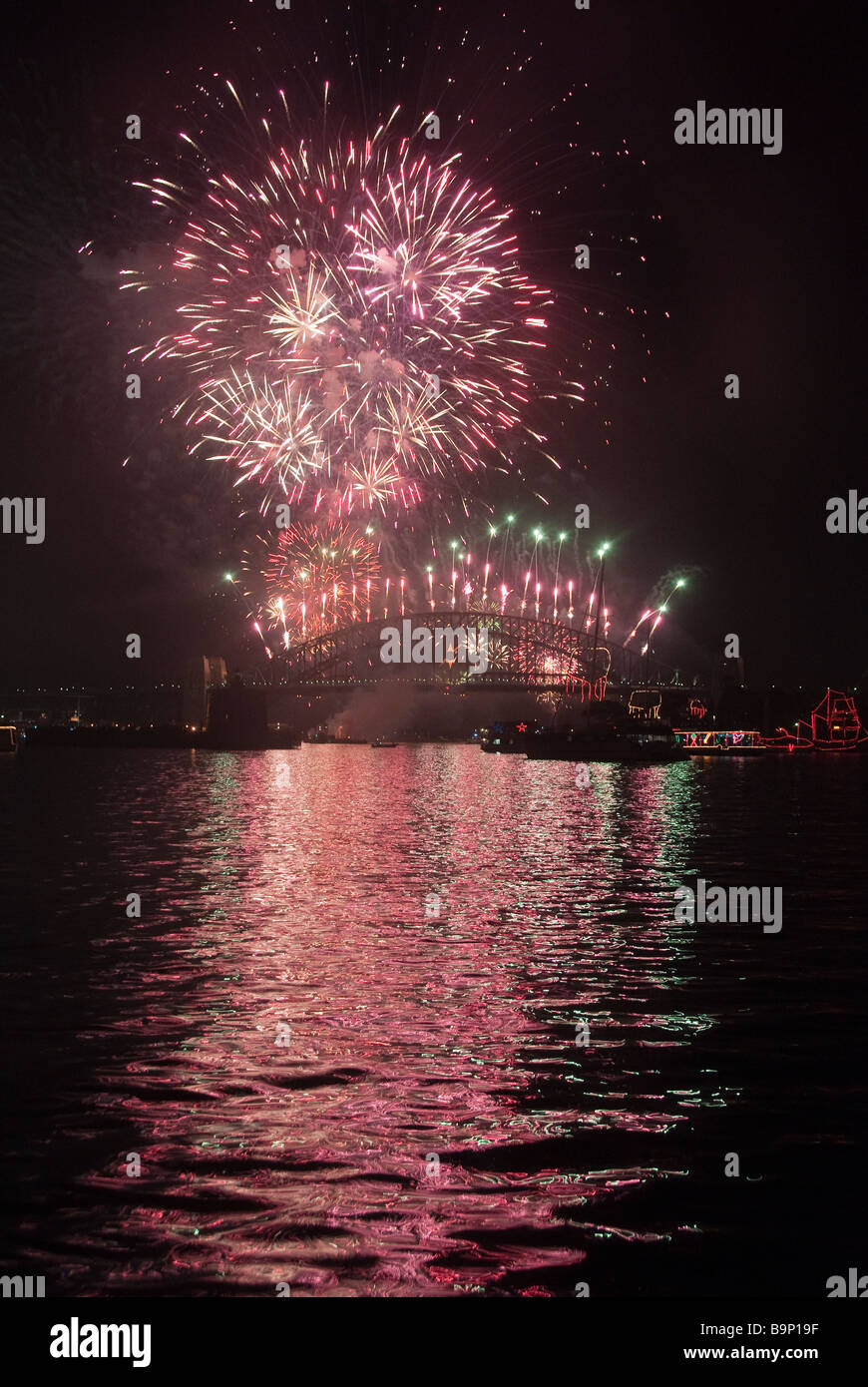 Sydney New Years Eve fireworks over the Harbour Bridge Stock Photo