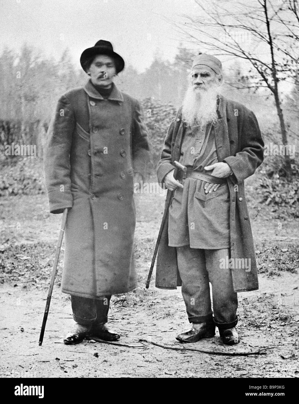 Russian writers Leo Tolstoy right 1828 1910 and Maksim Gorky left 1868 1936 in Yasnaya Polyana