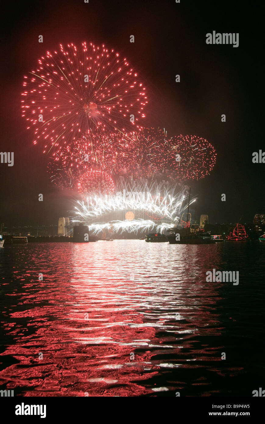 Sydney New Years Eve fireworks over the Harbour Bridge Stock Photo