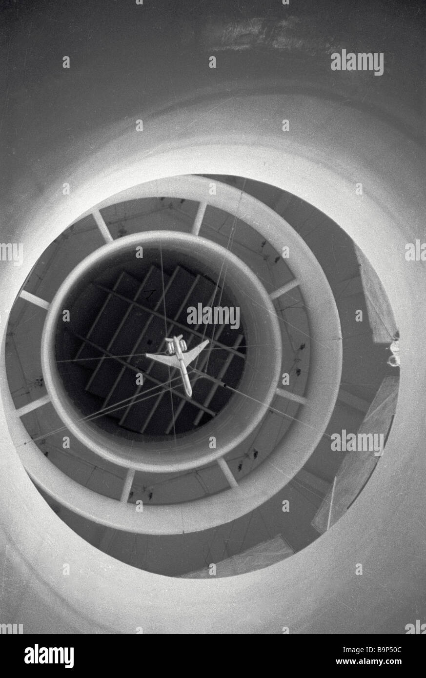 The working part of a vertical corkscrew wind tunnel with a model of an