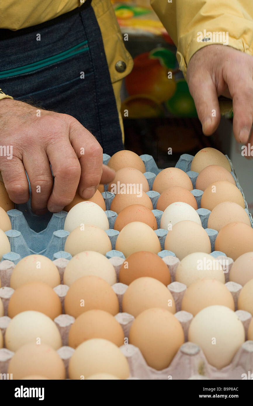 eggs farmers market hands farmer Stock Photo Alamy