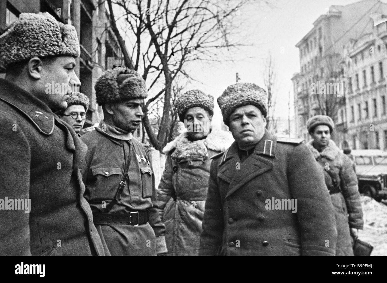 Lieutenant General P S Rybalko second to the right in liberated Kharkov ...