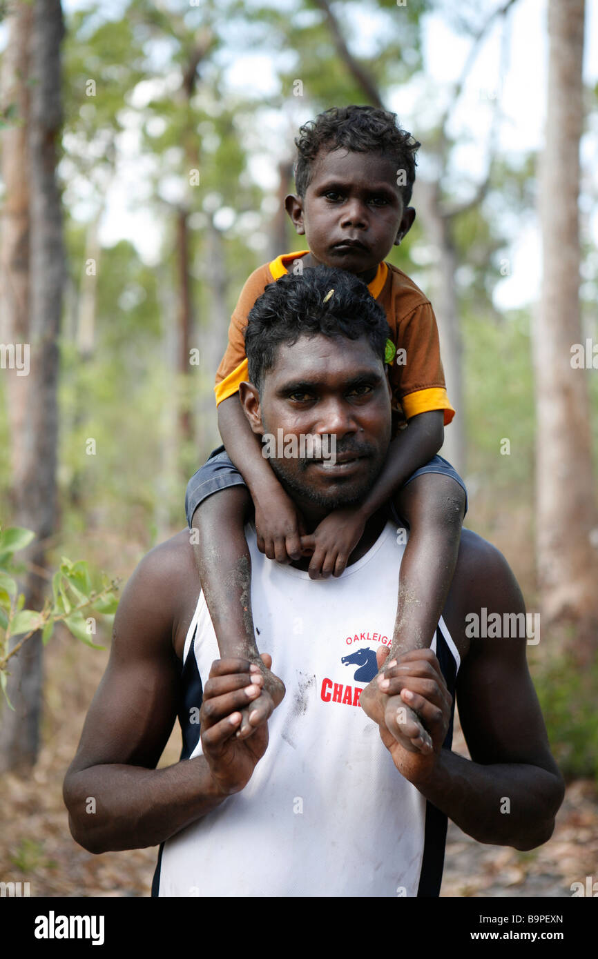 Aboriginal father and son, Arnhem Land, Australia. Stock Photo