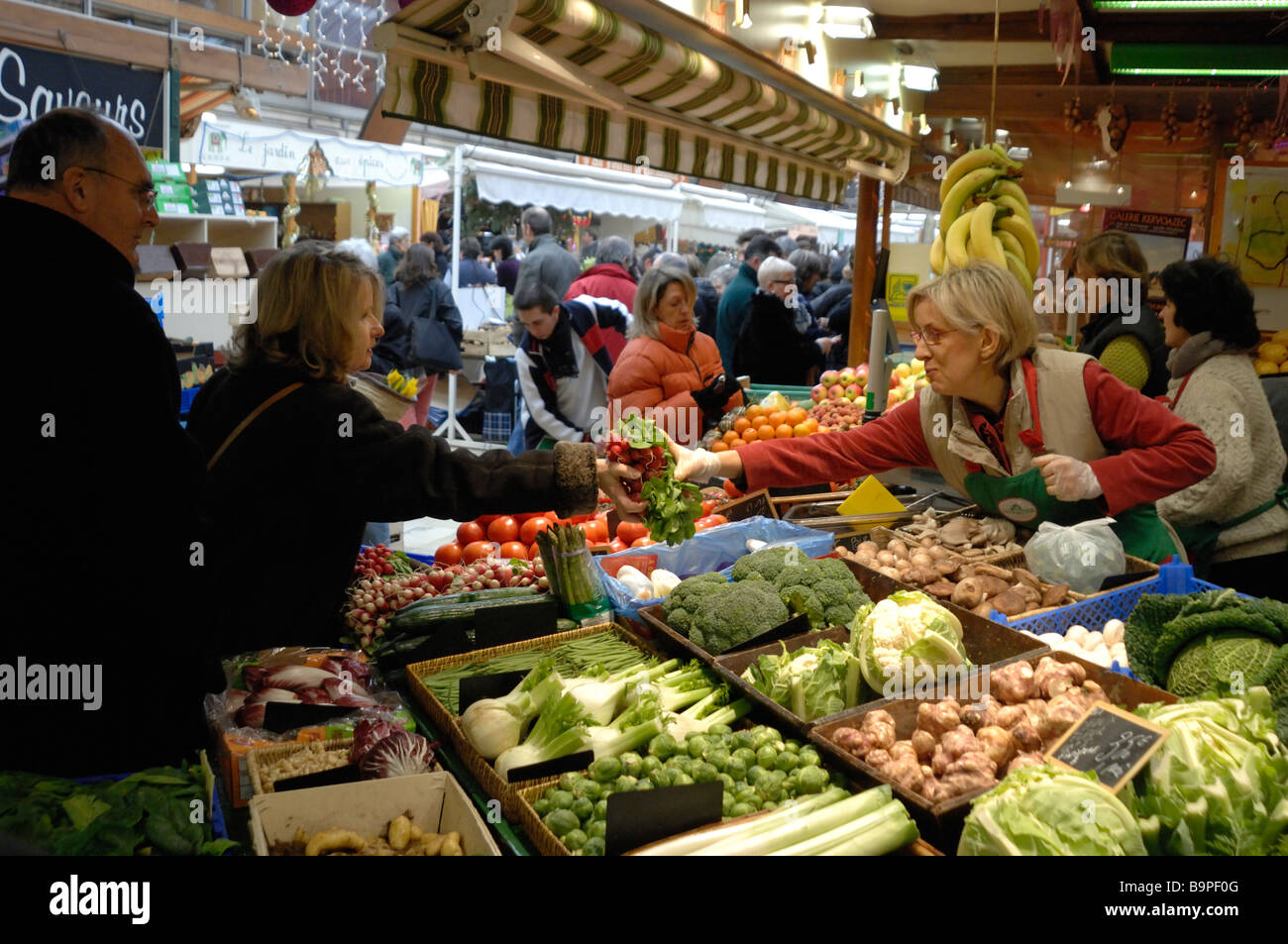 Fresh vegetable stall indoor market Quimper Brittany France Europe Stock Photo Alamy