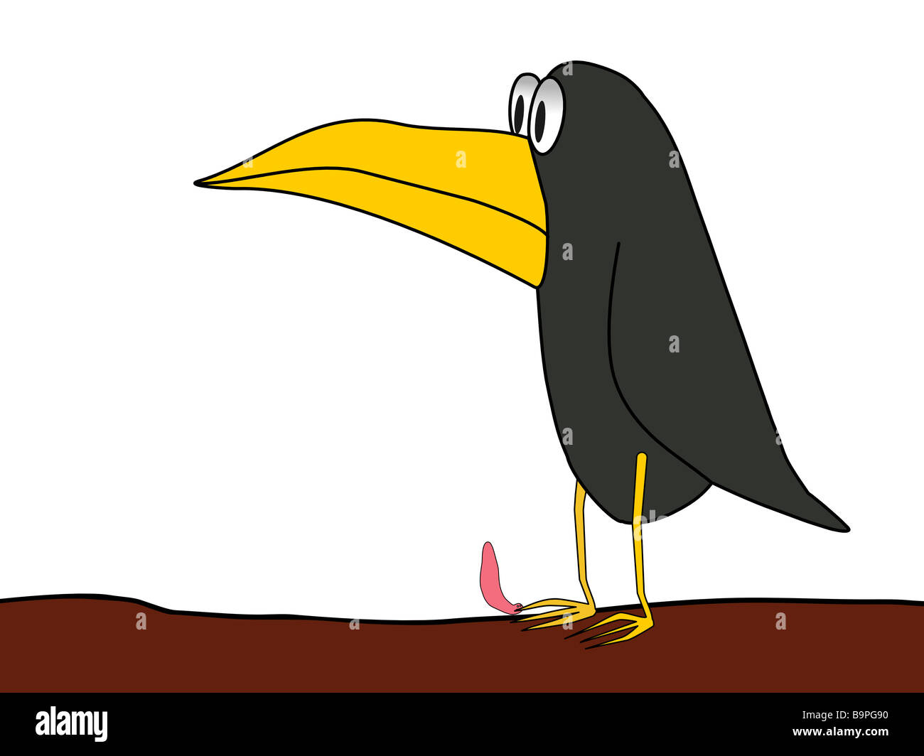 Humorous cartoon drawing - bird and worm. Allegory - David and Goliath - duel Stock Photo