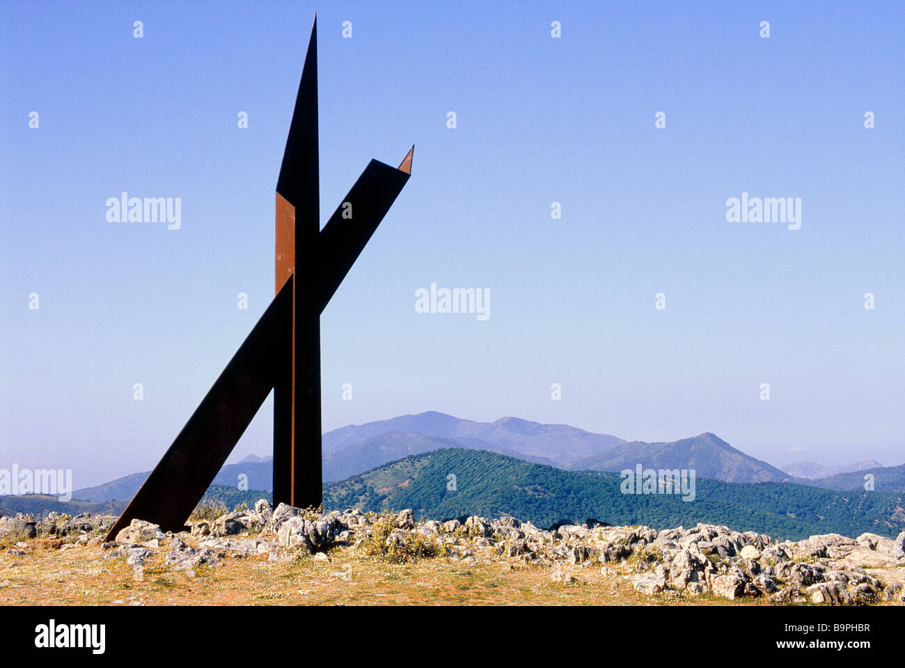 Spain, Andalusia, Costa del sol on the A376 highway monument and view on the Sierra de las Nieves  from Pass Puerto de Alijar Stock Photo