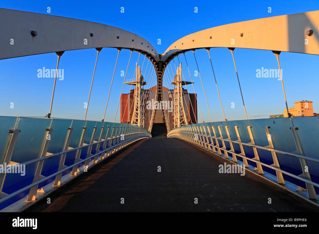 Millennium Lift Bridge and Quay West, Salford Quays, Manchester, Lancashire, England, UK. Stock Photo