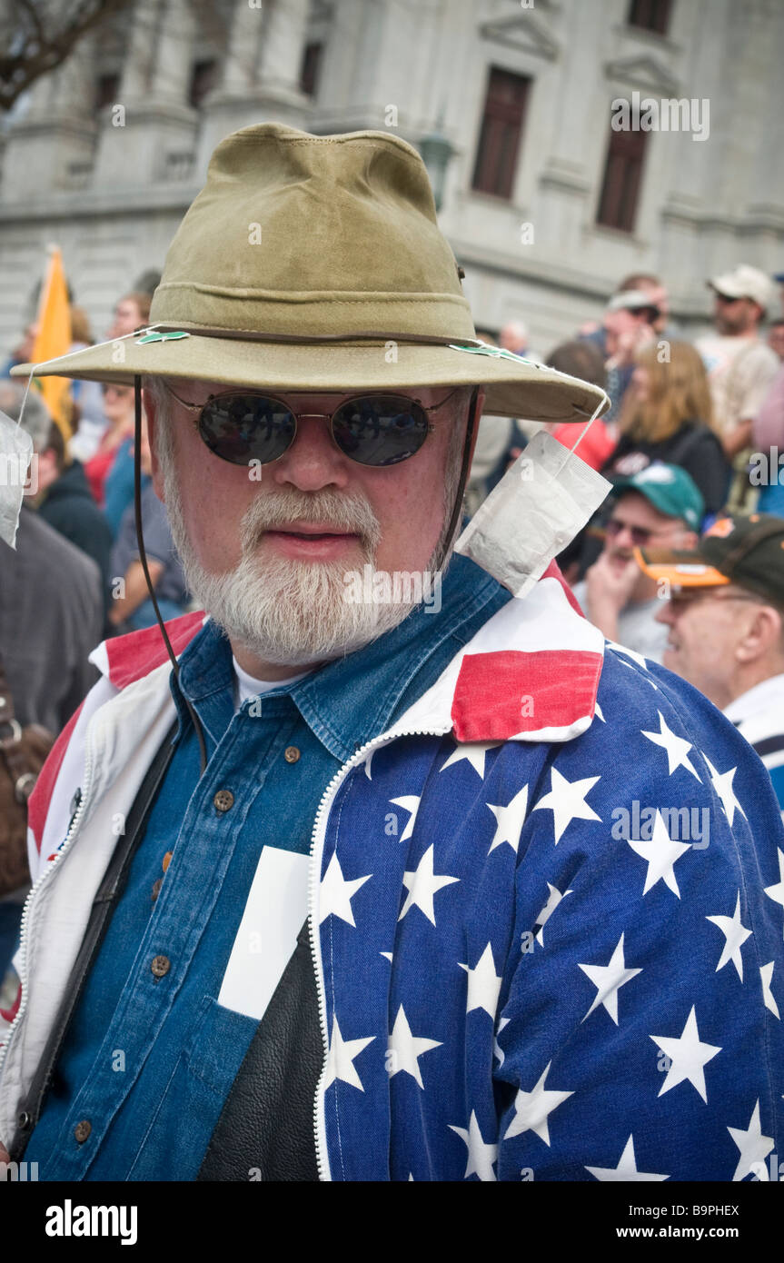 anti spending tax protest tea party Harrisburg PA , demonstrator, tea bag hat stars stripes jacket Stock Photo