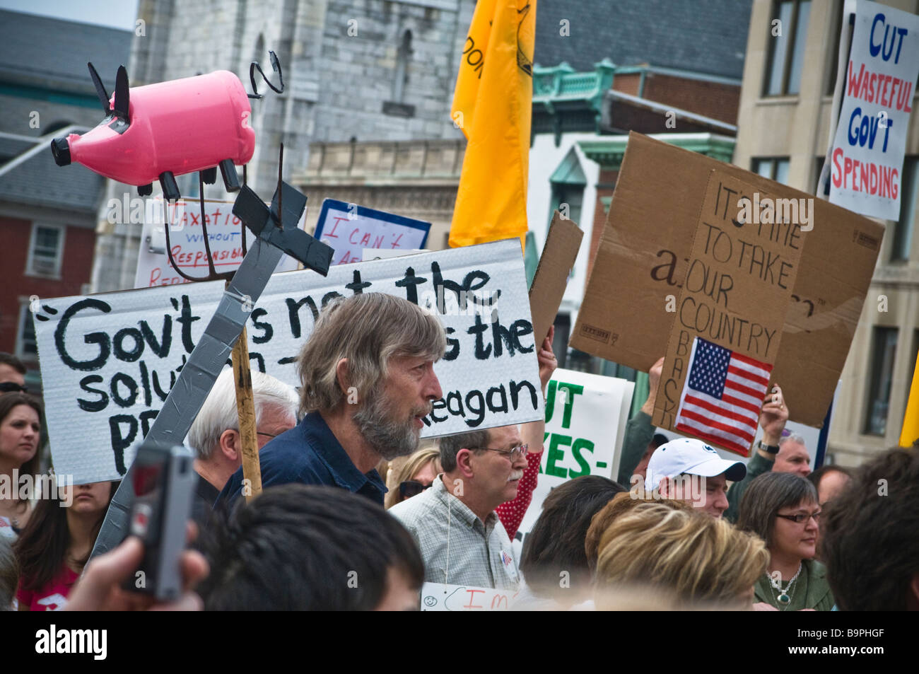 anti spending tax protest tea party Harrisburg PA , demonstrator, pink pig pitch fork Stock Photo