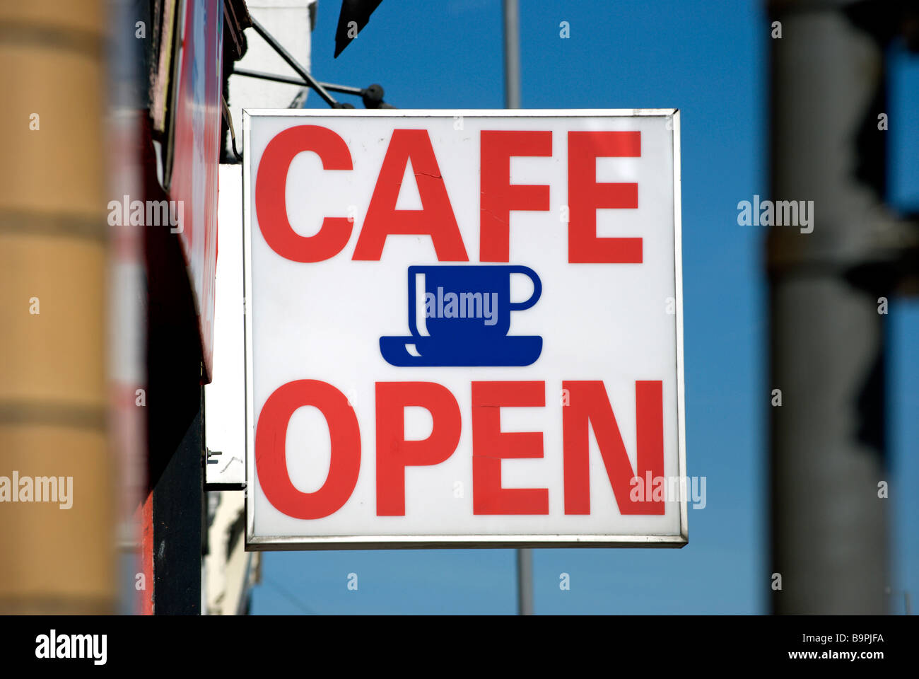 red and white cafe open sign Stock Photo