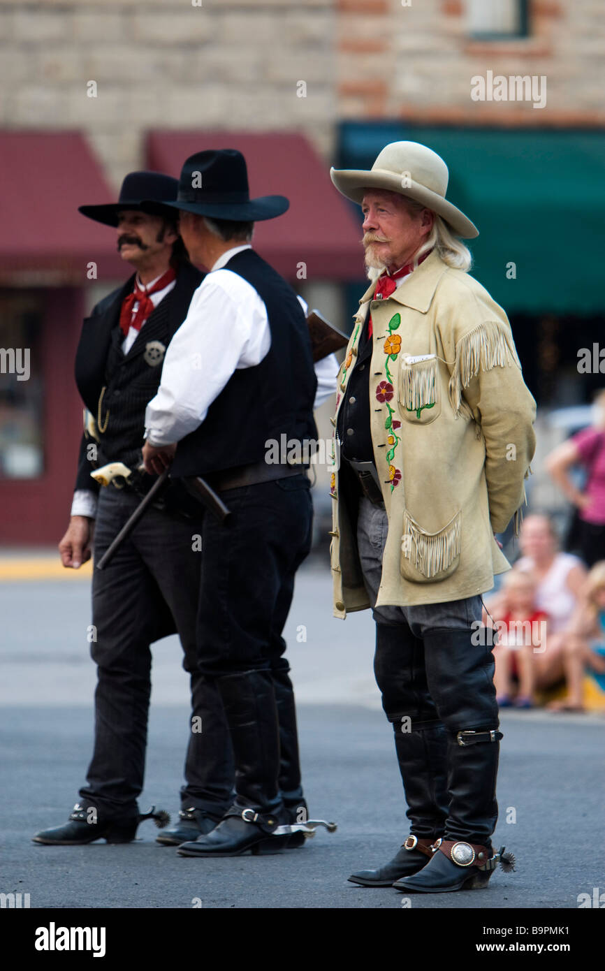 Buffalo Bill character wears fringe buckskin jacket gunfight re-enactment outside Irma Hotel Cody Wyoming USA Stock Photo