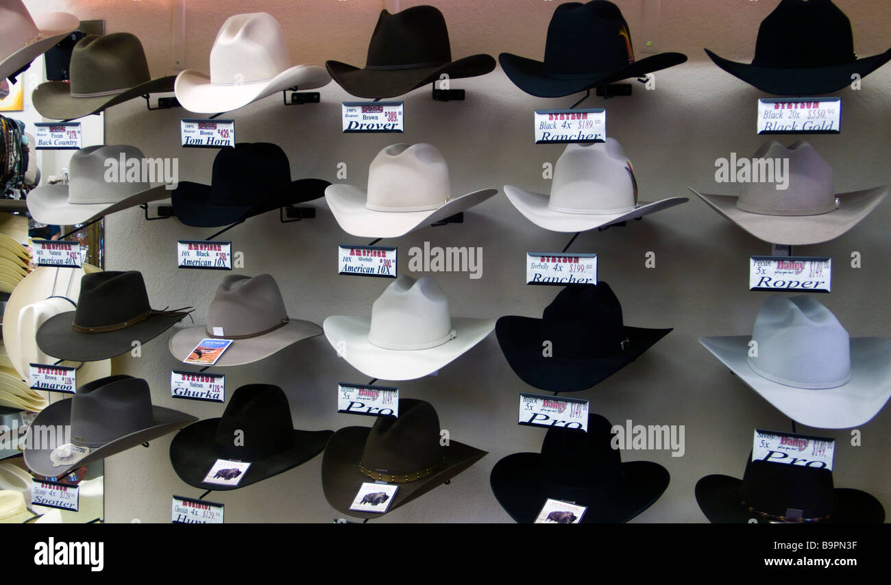 Stetson hat display western outfitter store Cody Wyoming USA Stock Photo