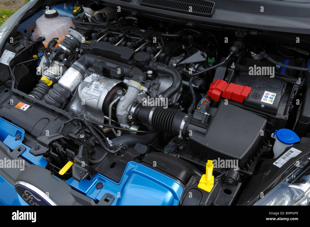 The diesel engine from a 2009 Ford Fiesta 1.6 TDCi ECOnetic, one of the  greenest cars available in Europe at it's launch in 2009 producing only 98g per  km CO2 Stock Photo - Alamy