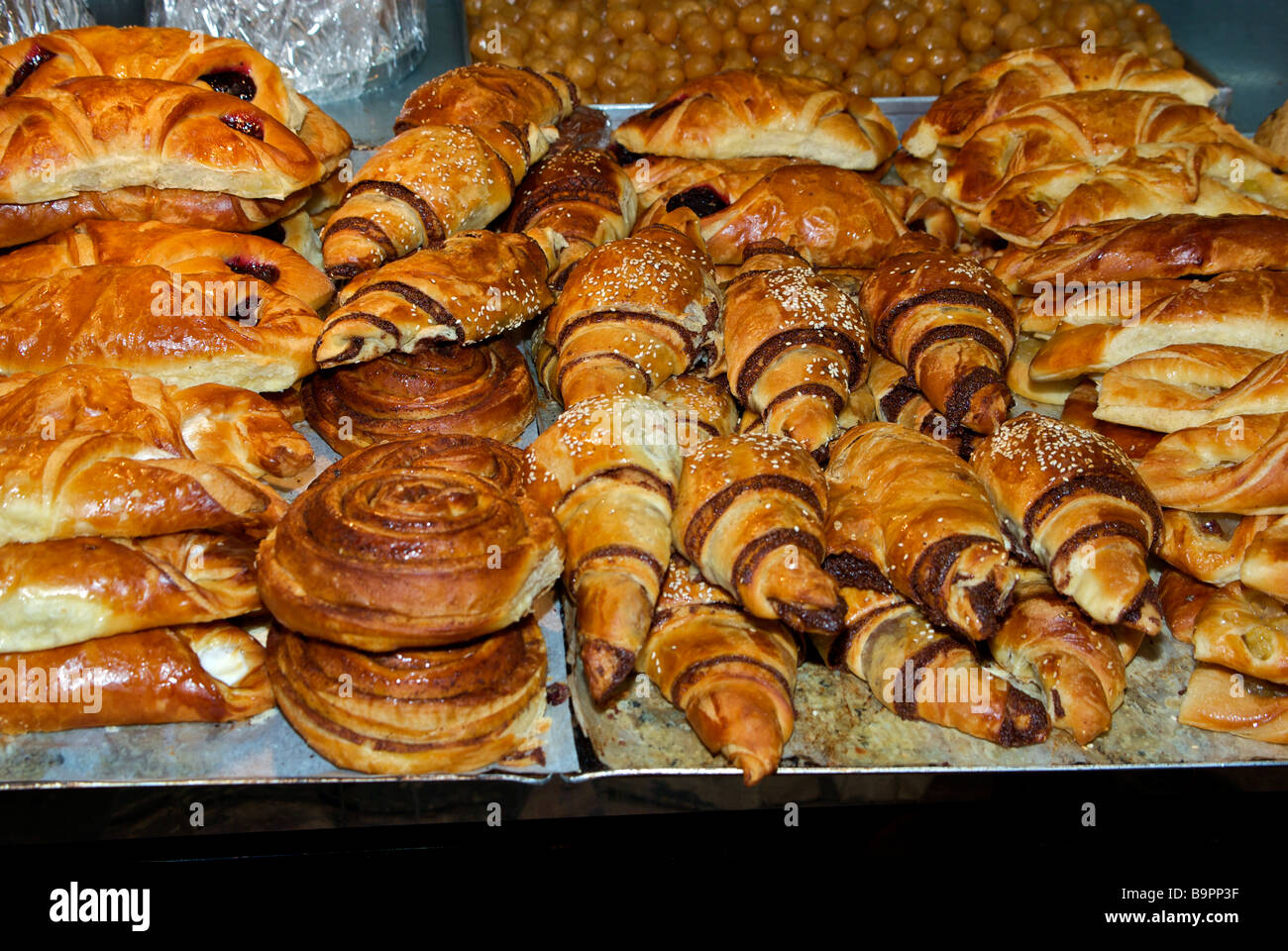 Tray Of Croissants Cinnamon Rolls Pastries At Bakery In Arab Quarter Market Of Old Jerusalem Stock Photo Alamy