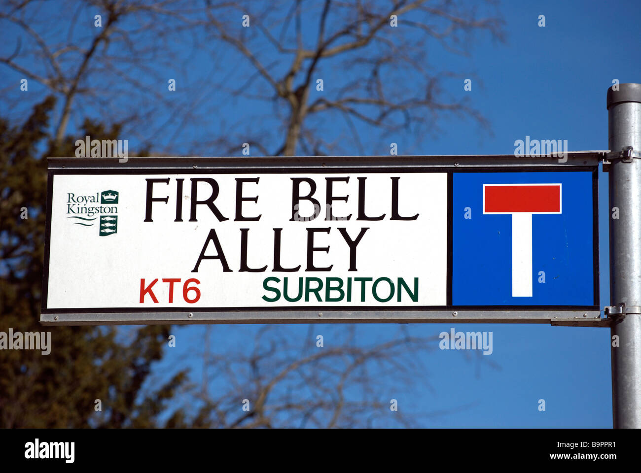 Street Sign For Fire Bell Alley Combined With Cul De Sac Sign In Stock Photo Alamy