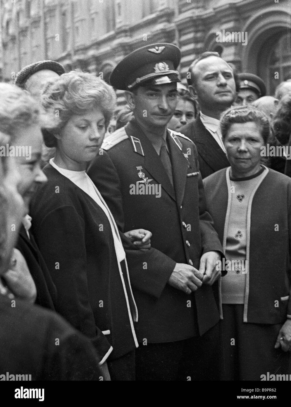 The USSR Pilot Cosmonaut Valery Bykovsky center with wife second left ...