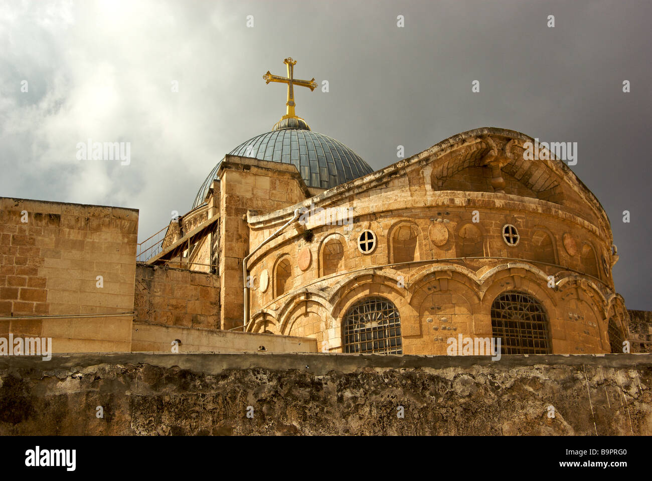 Courtyard in Church of the Holy Sepulchre Resurrection also Greek Orthodox Patriarch headquarters in old Jerusalem Stock Photo