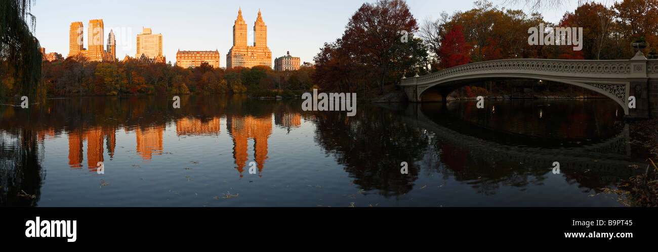 Central Park New York Panorama in Fall as seen from the South side of the Lake and looking North West Stock Photo