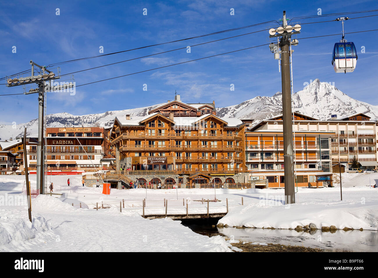 France, Savoie, Tignes le Lac, aeroski departure, Levanna, L'Arbina and ...