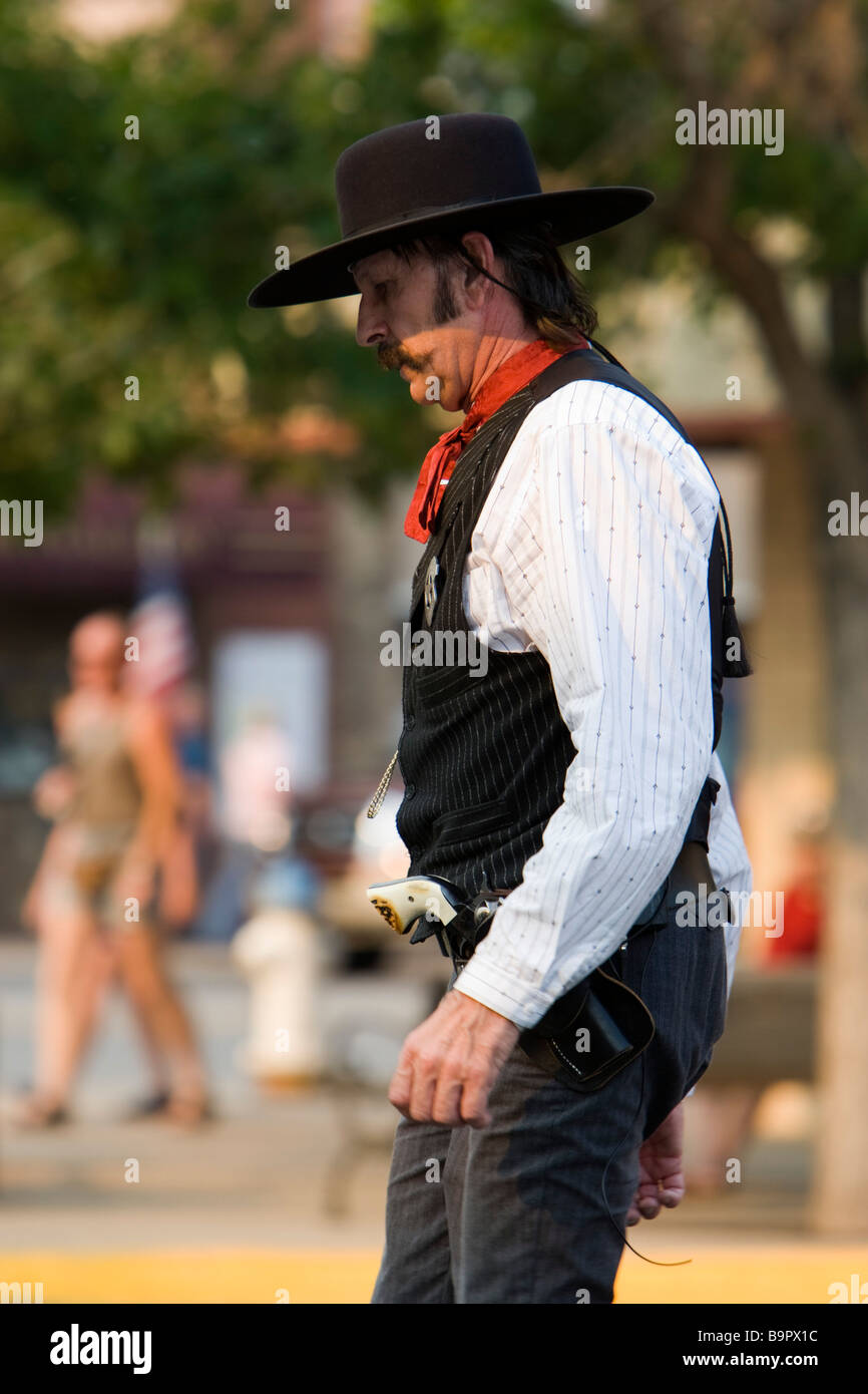 Gunfight re-enactment lawman outside Irma Hotel Cody Wyoming USA Stock Photo