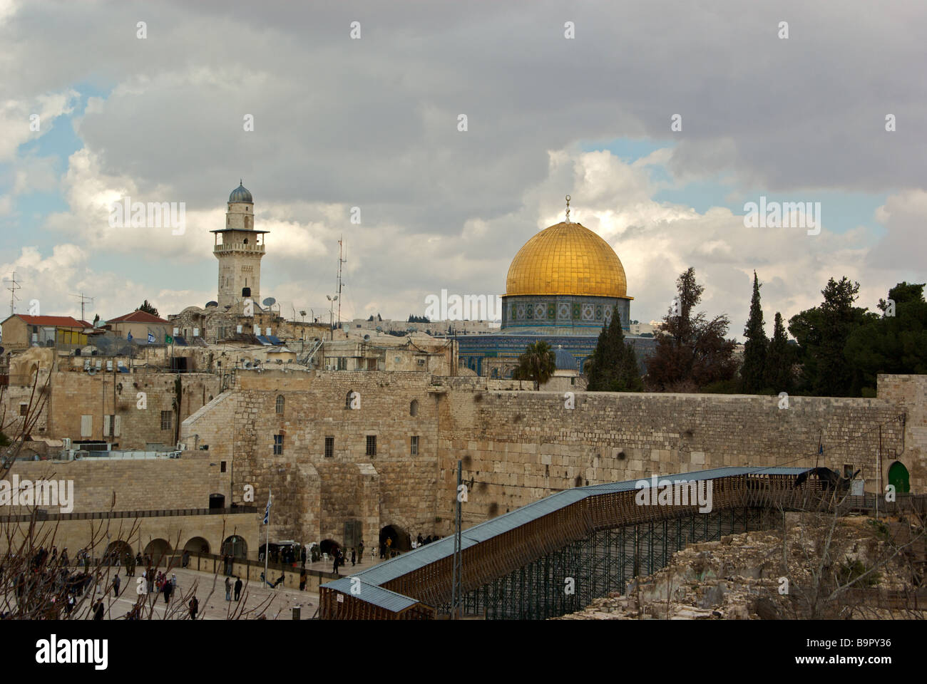 Sacred western wall with gold domed al Aqsa Mosque and the Fakhariyyah ...