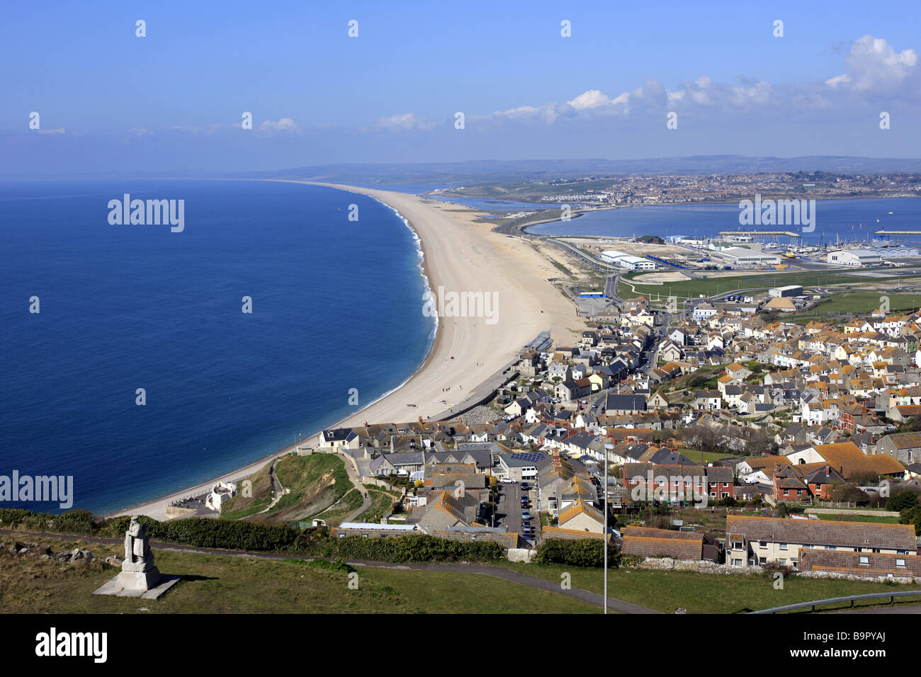Chesil beach and Portland Island on the Dorset Coastline England Stock