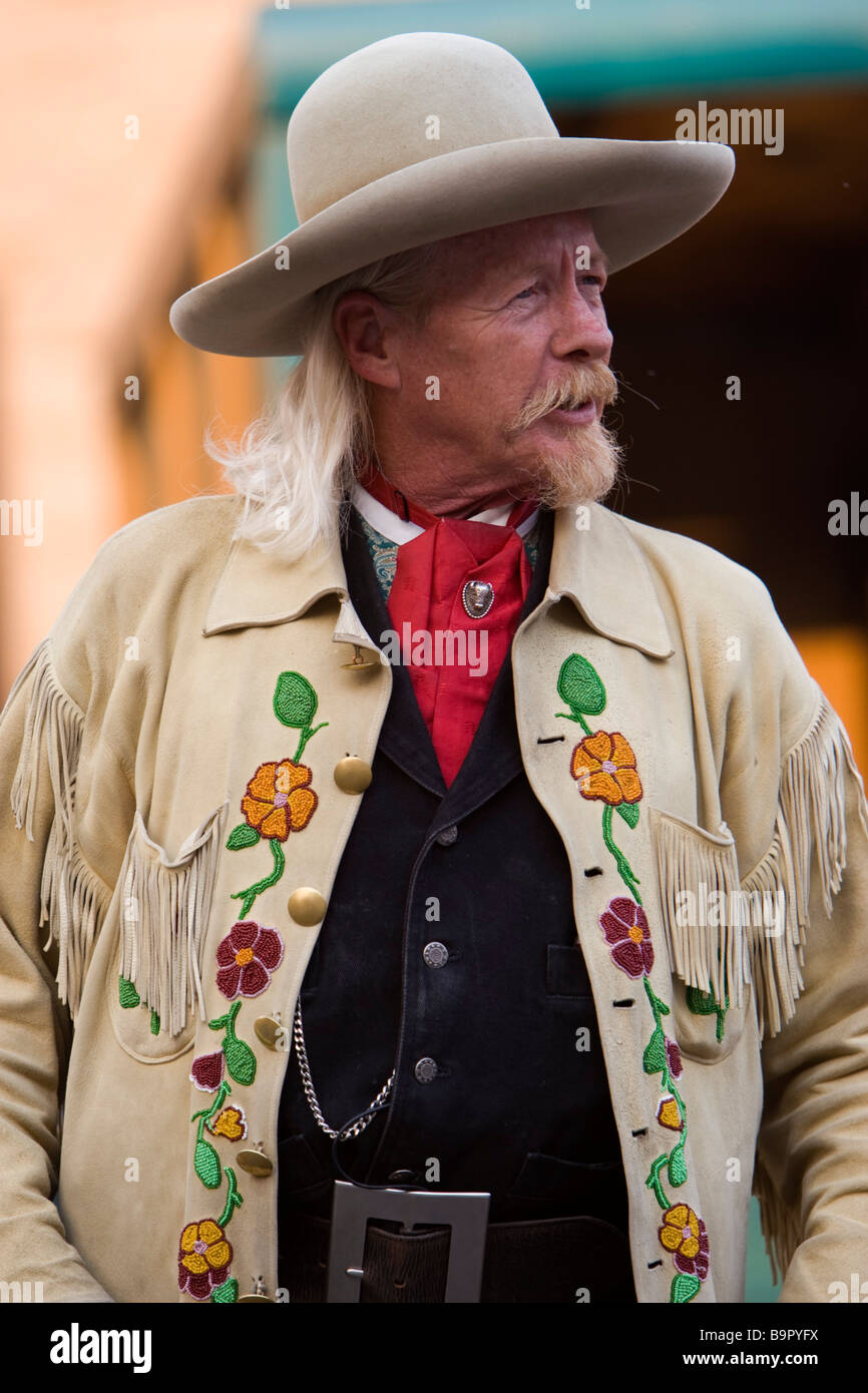 Buffalo Bill character gunfight re-enactment outside Irma Hotel Cody Wyoming USA Stock Photo
