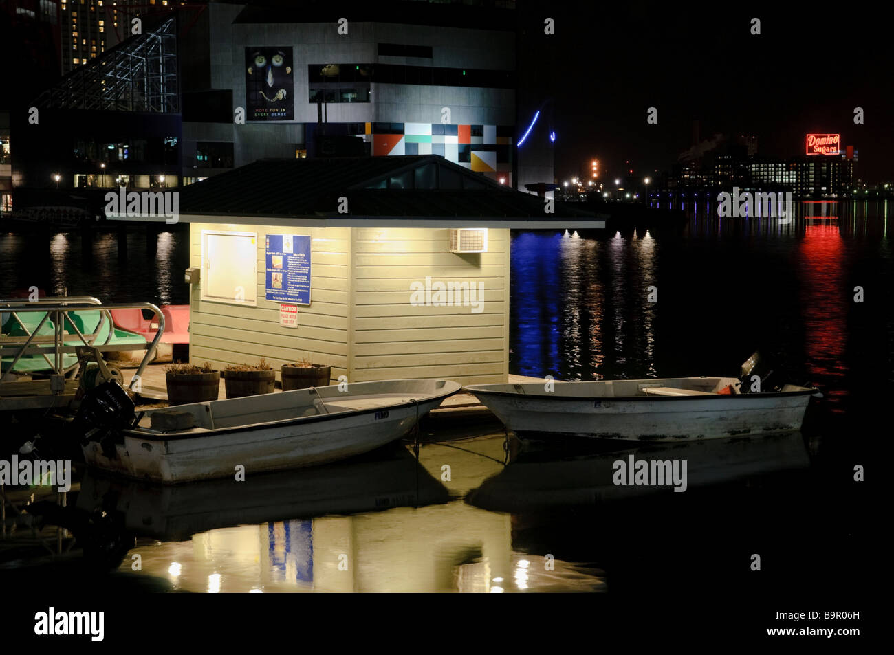 A night view of the paddle boat shack at the Inner Harbor in Baltimore