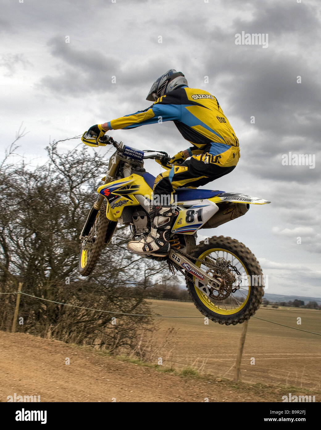 Competitor in a twinshock motocross event held at Topcliffe airfield near Thirsk, North Yorkshire Stock Photo