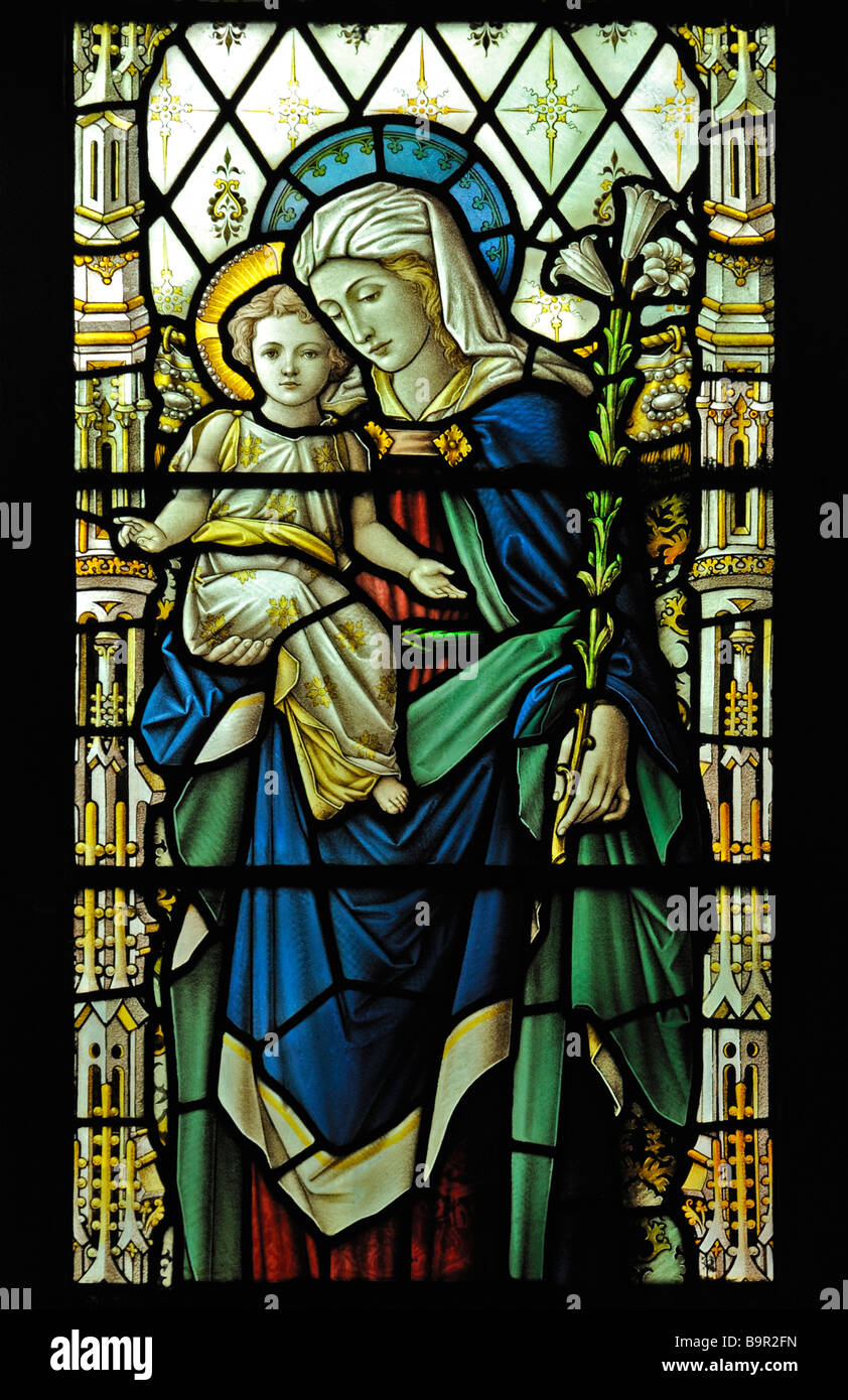 The Holy Child and Our Lady, South nave window (detail). Church of Saint Mary, Dalton-in-Furness, Cumbria, England, U.K., Europe Stock Photo