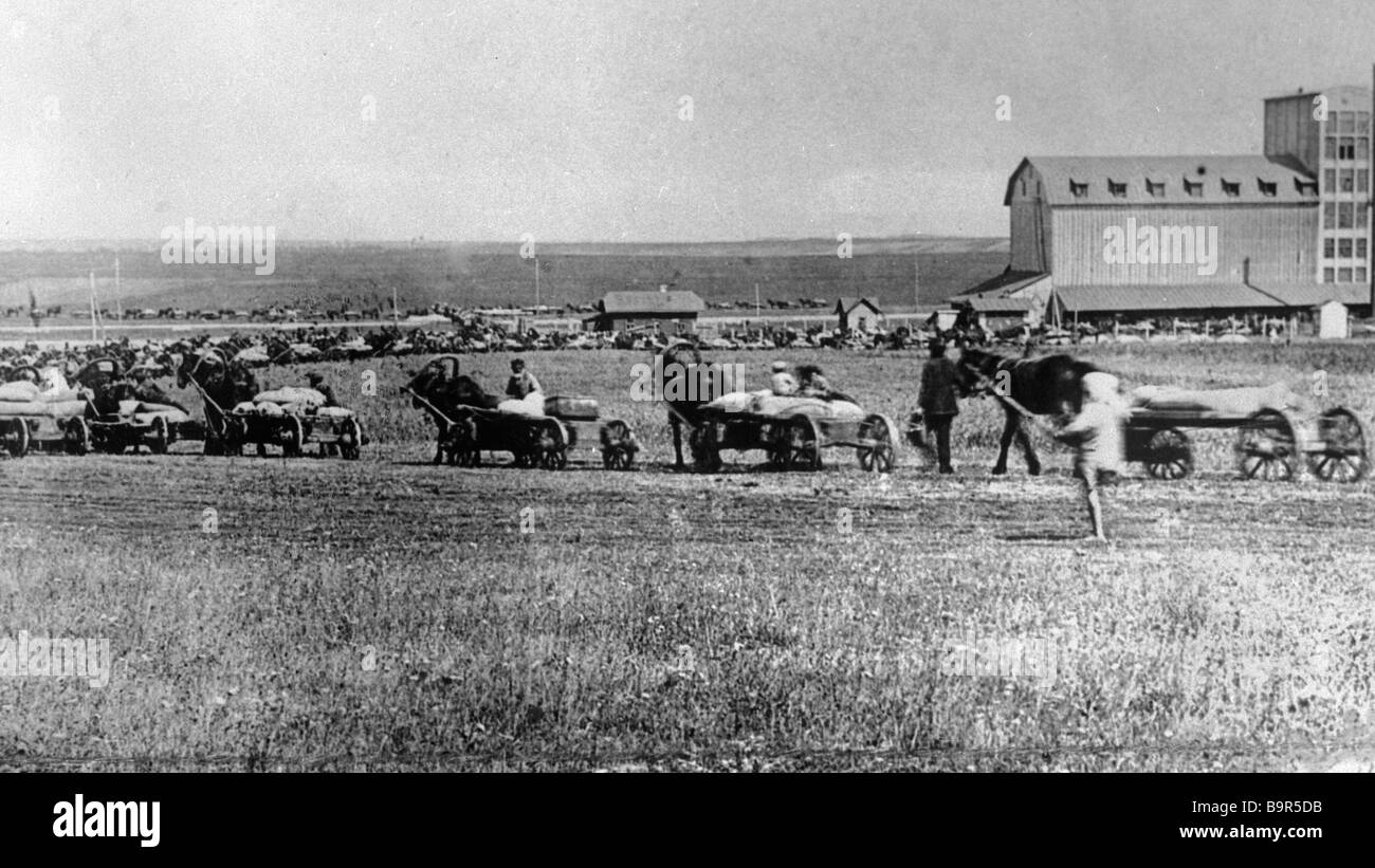 A Red Wheat Wagon Train for wheat delivery to the state bound for the