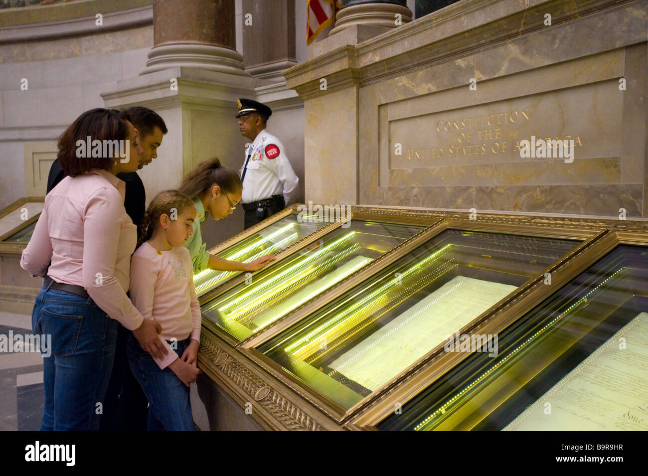 Washington DC The National Archives Rotunda family viewing the Constitution of the United Sates of America Stock Photo