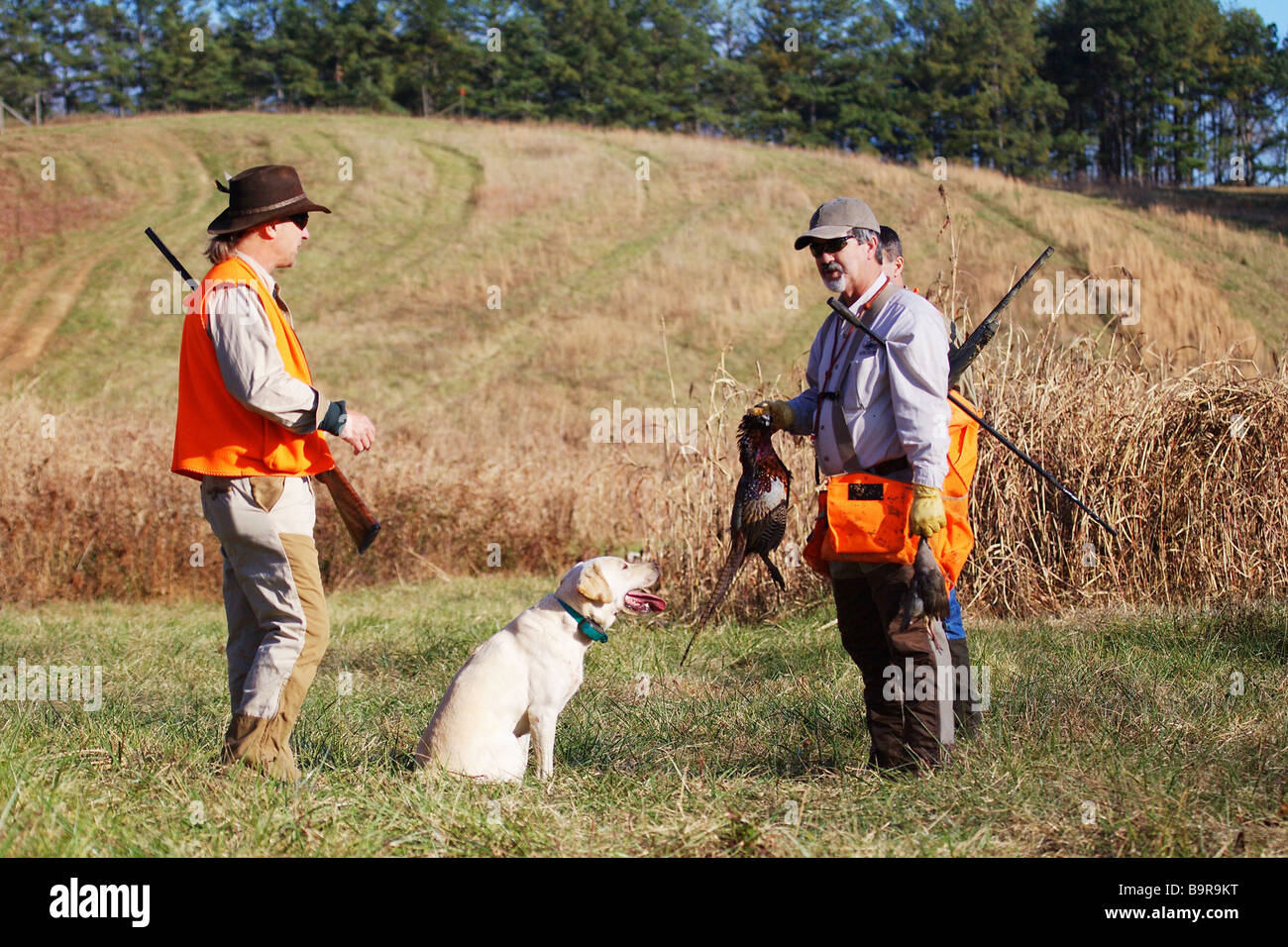 Hunting Guide with hunters and hunting dog Stock Photo