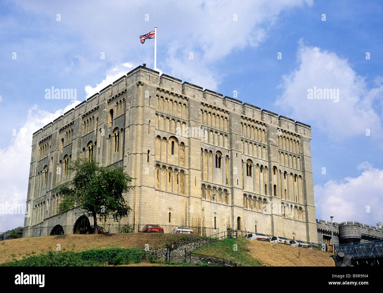 Norwich Castle keep Norman architecture Norfolk East Anglia England UK architecture 12th century English flag castles Stock Photo