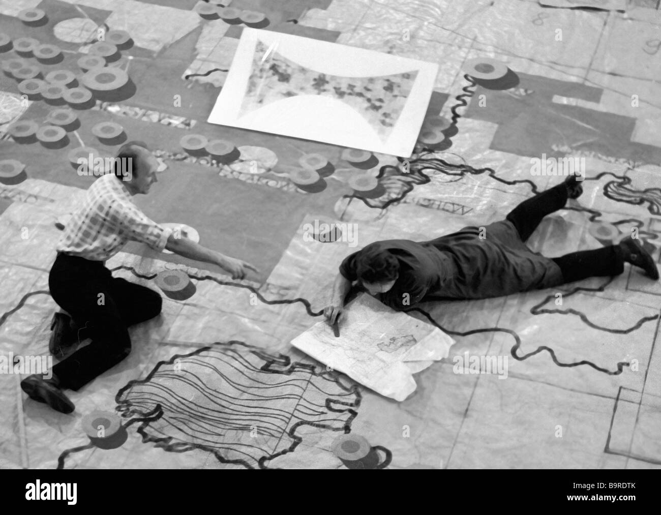 Specialists assemble electrified and talking map of the Soviet Union for the Soviet pavilion at the World Exposition 1967 in Stock Photo