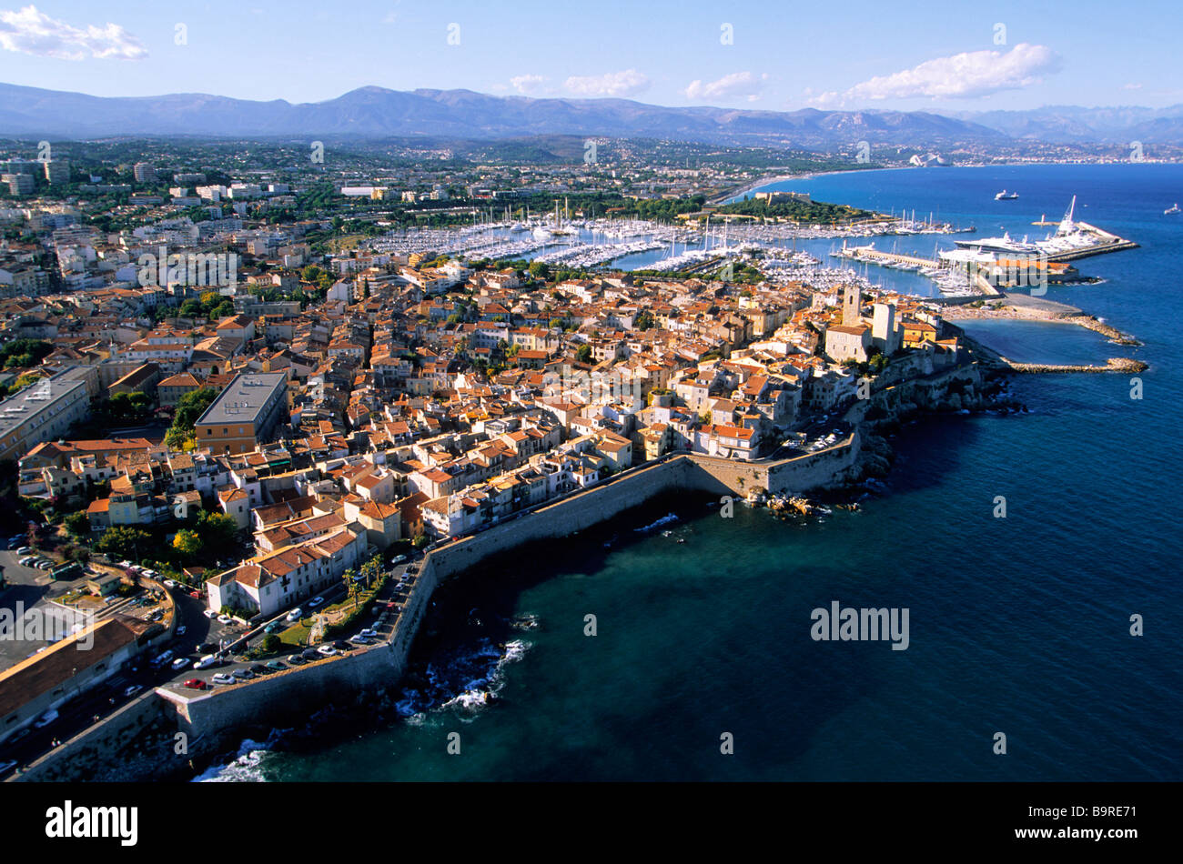 France, Alpes Maritimes, Antibes, the old town and the port (aerial view) Stock Photo