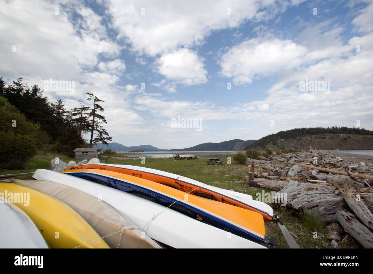 Kayaks at Spencer Spit State Park Lopez Island, Washington Stock
