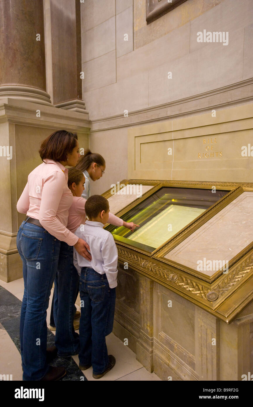 Washington DC The National Archives Rotunda family viewing the Bill of ...