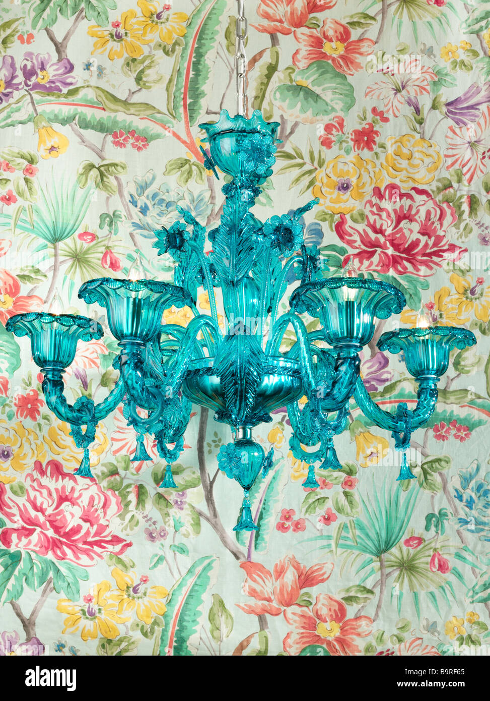 Green Crystal Chandelier with Floral Background Stock Photo Alamy