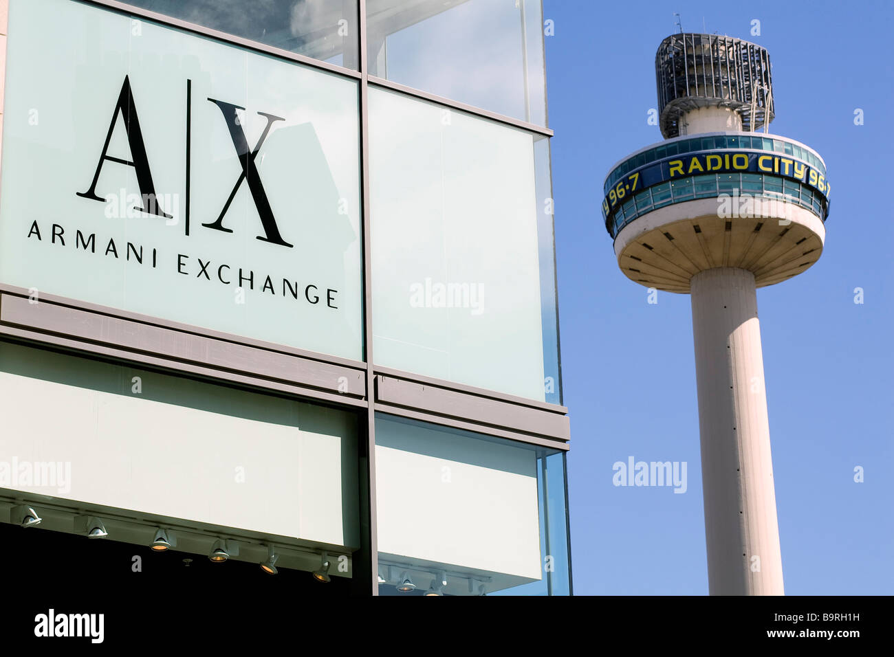 United Kingdom, Liverpool, The Met Quarter, Armani Exchange store and the  Radio City Tower in the background Stock Photo - Alamy