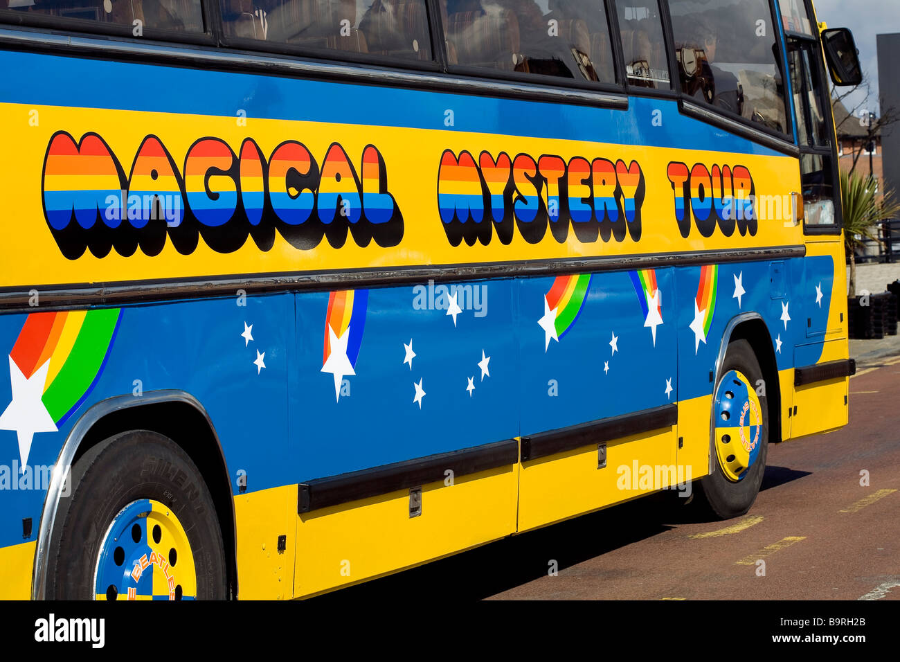 United Kingdom, Liverpool, Beatles' Magical Mystery Tour scenic bus for a trip int the city on The Beatles trail Stock Photo