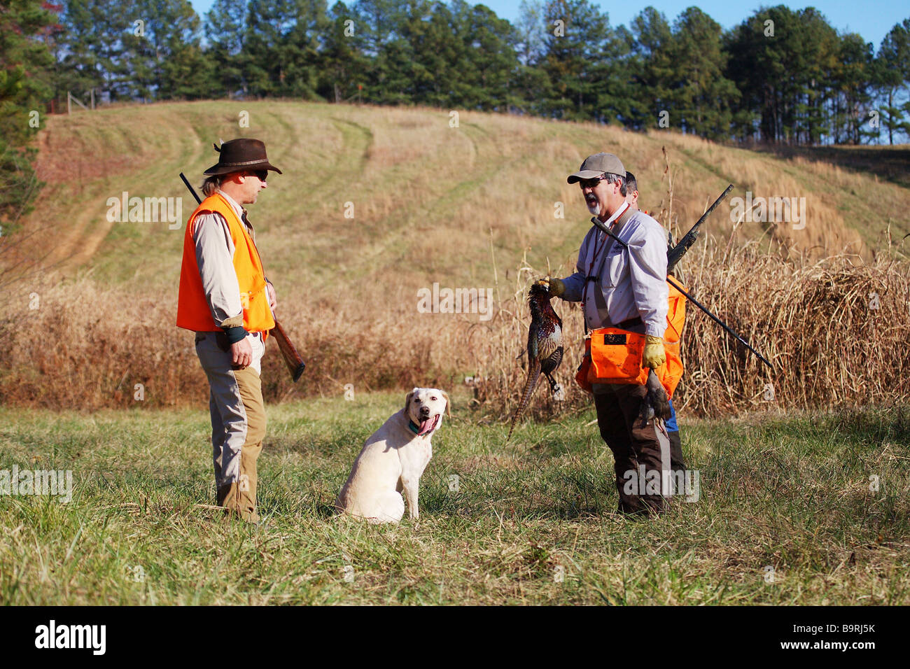 Hunting Guide with hunters and hunting dog Stock Photo