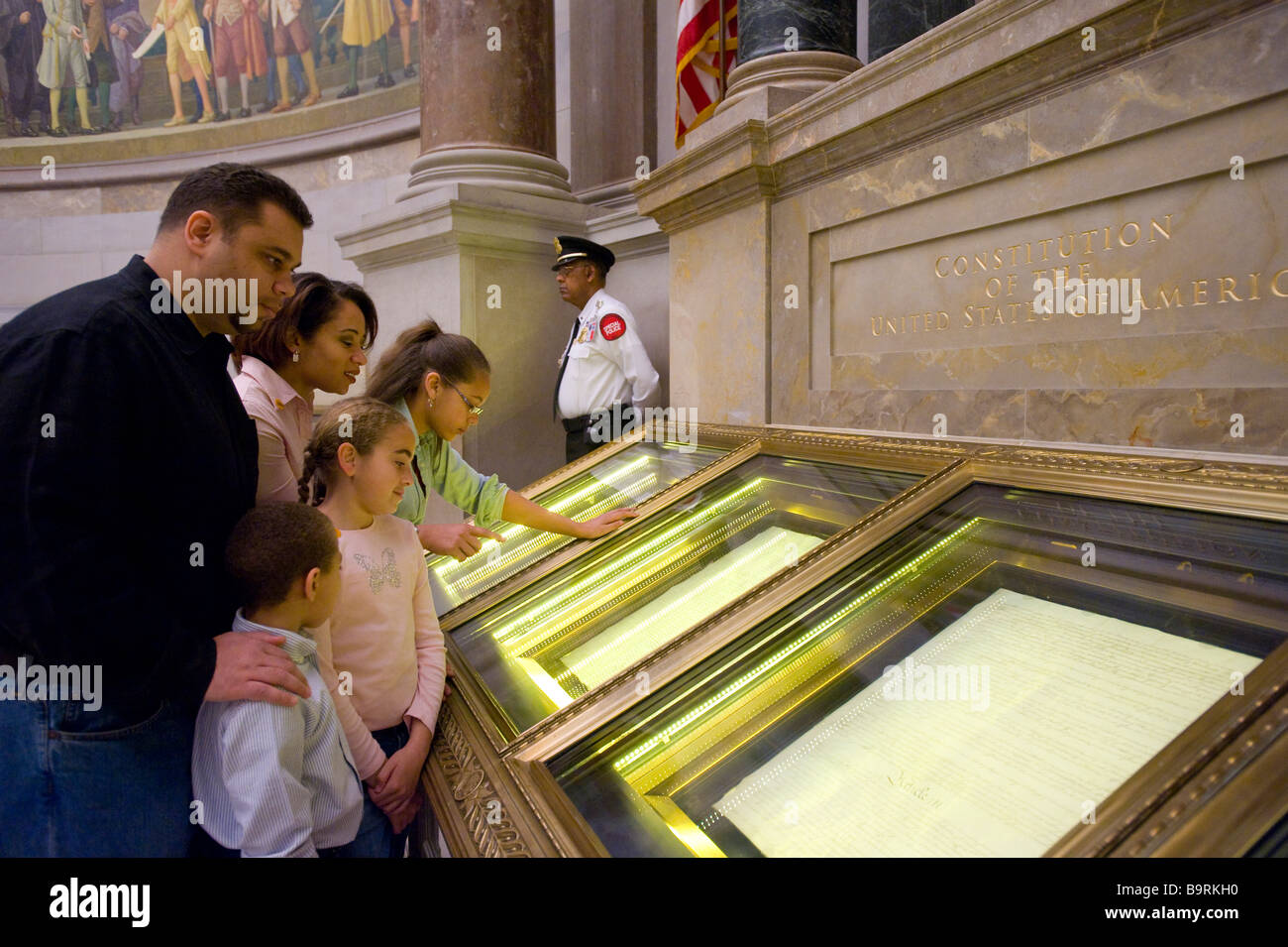 Washington DC The National Archives Rotunda family viewing the Constitution of the United Sates of America Stock Photo