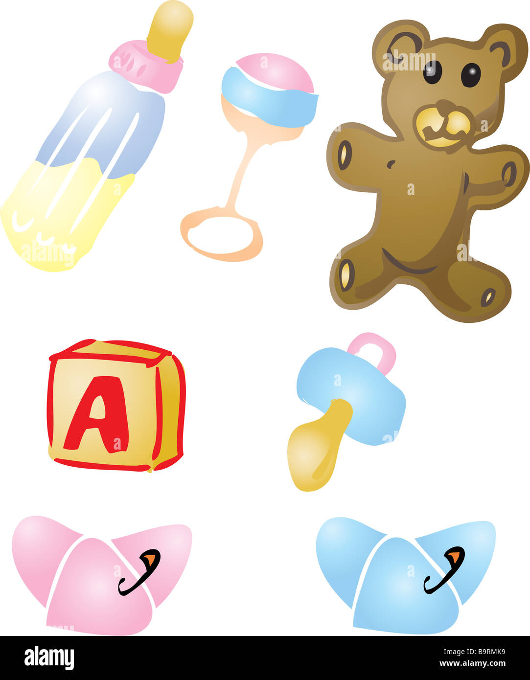 Illustration set of baby items bottle rattle teddybear alphabet bloc pacifier diapers Stock Photo