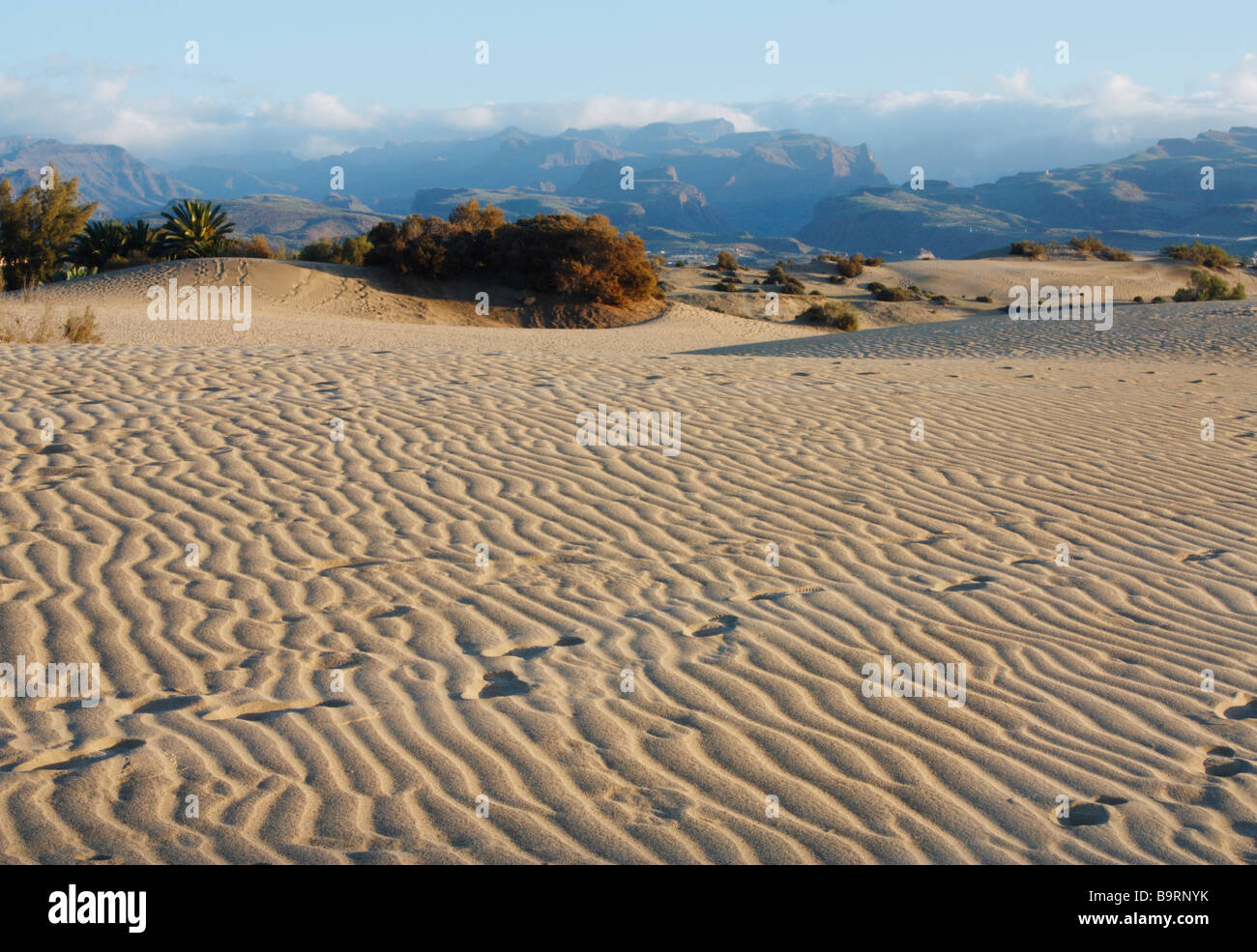 Sand dunes in Maspalomas with the mountains of Gran Canaria in the distance Stock Photo
