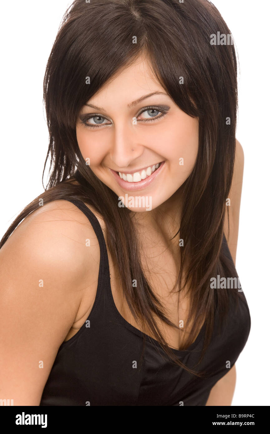 closeup portrait of young woman on a white background Stock Photo - Alamy