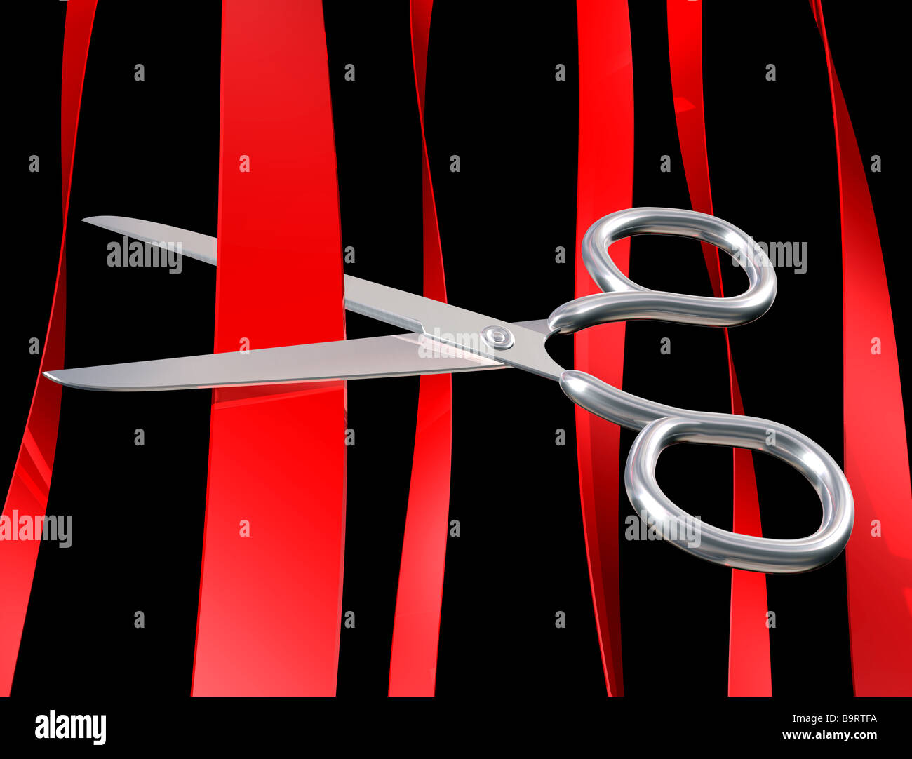 Illustration of silver scissors cutting through red tape Stock Photo